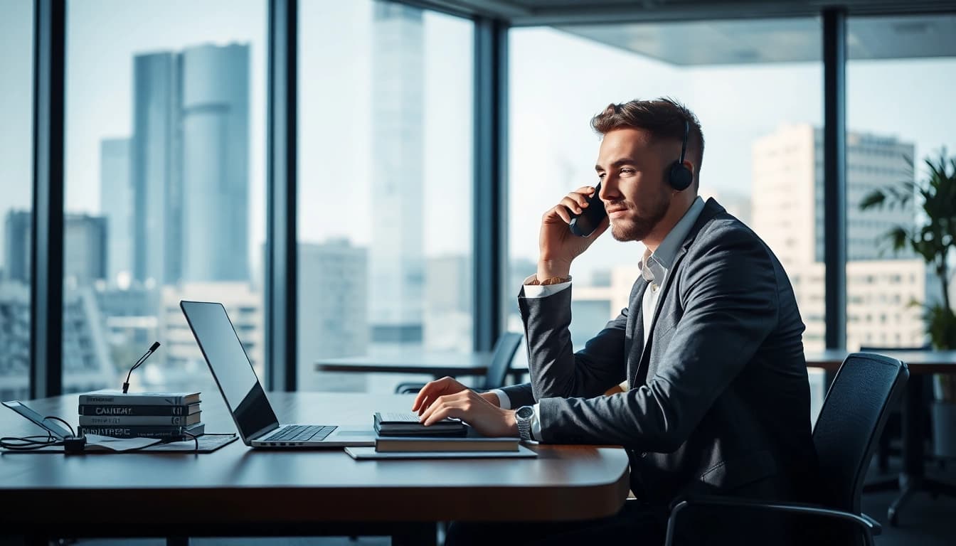 Headhunter Berlin bei einem geschäftlichen Telefonat in einem modernen Büro mit kreativem Ambiente.