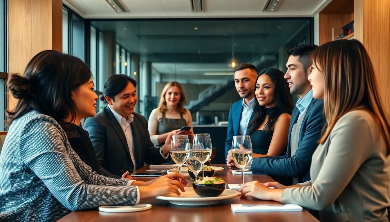 Headhunter Gastronomie engaged in professional dialogue with diverse candidates in a chic office setting.