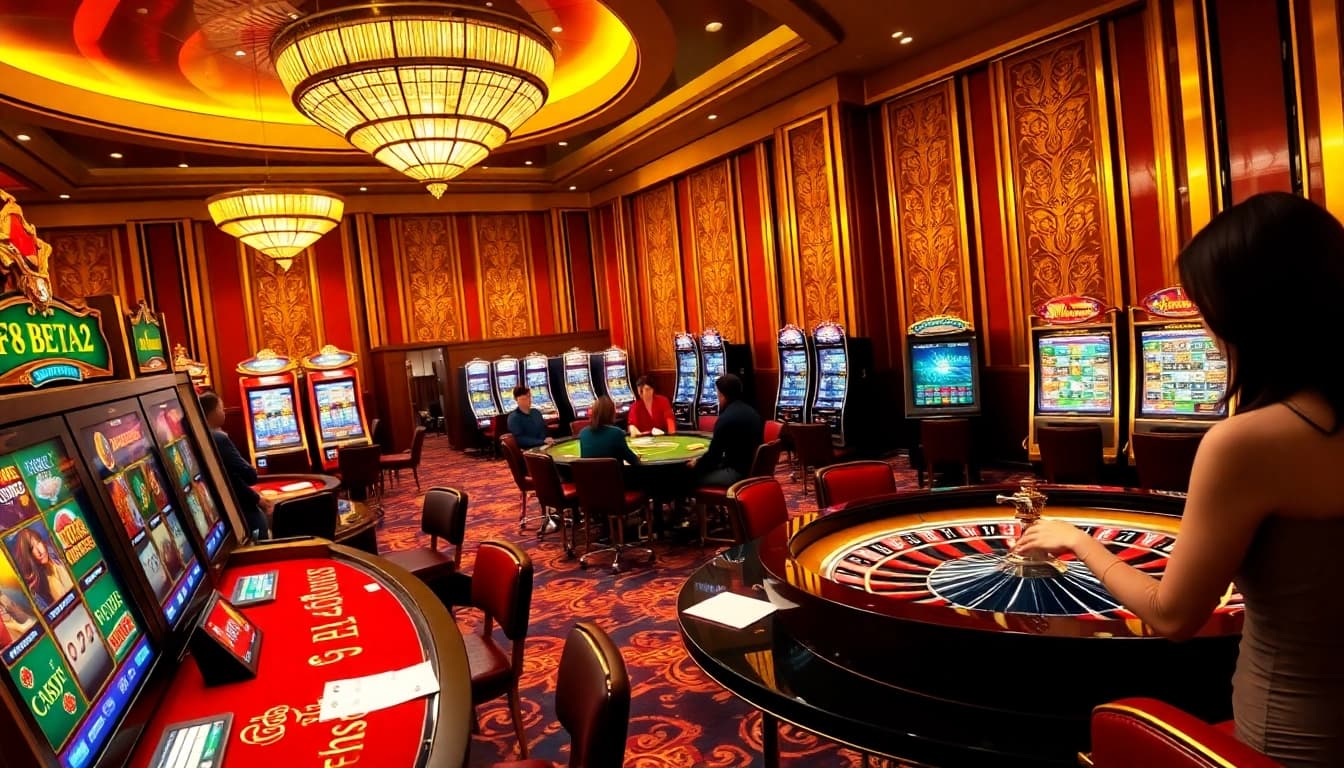 Experience F8BETA2 at a luxurious casino showcasing vibrant gaming tables and excitement.