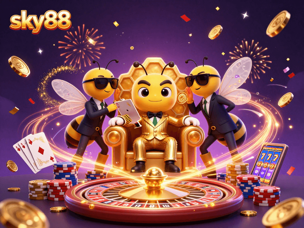 Engage with sky88’s vibrant casino world, featuring characters and an array of sparkling gambling elements.