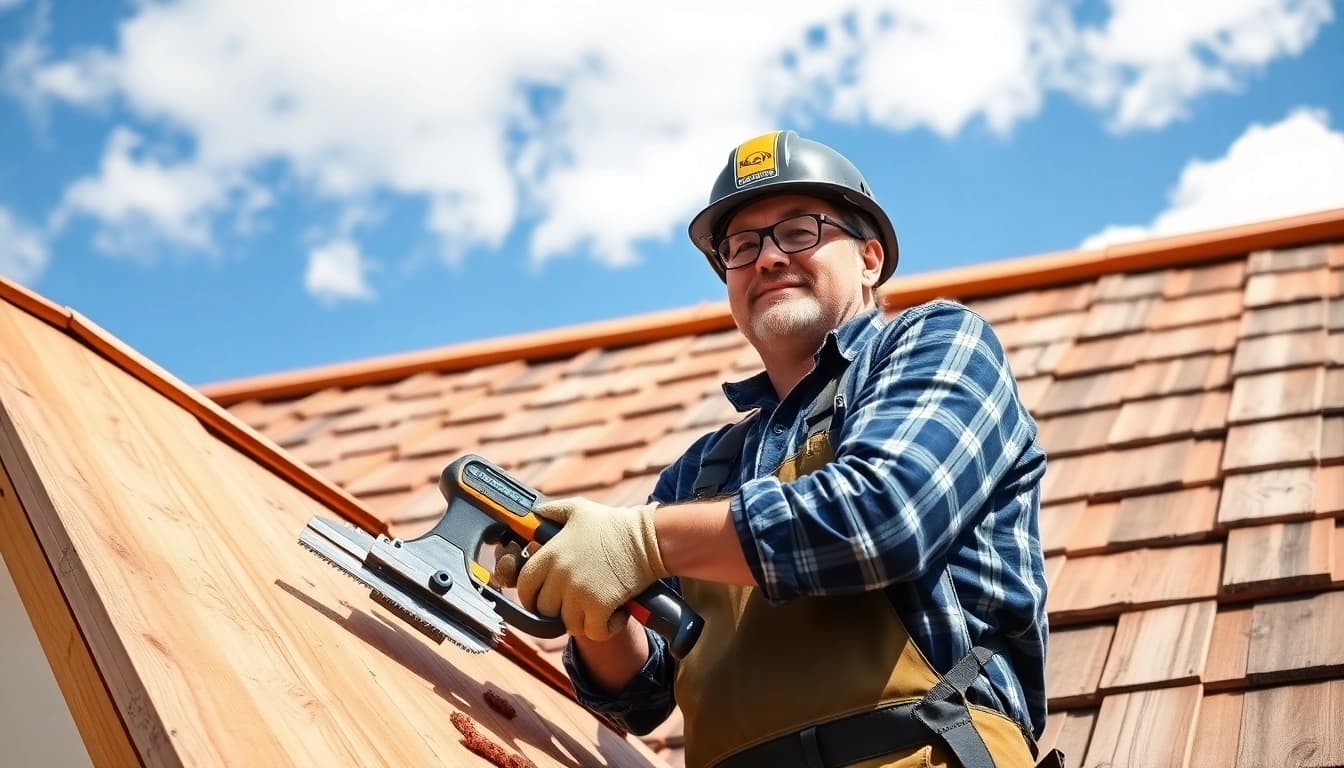 Dachdecker in Münster repariert ein Dach mit hochwertigen Materialien an einem sonnigen Tag.