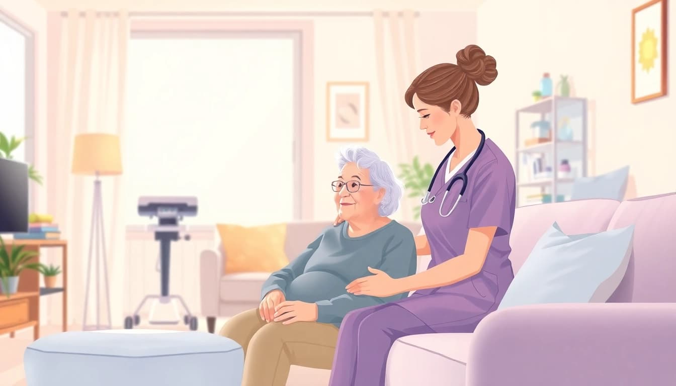 Empathetic nurse providing home care through Pflegedienst in a cozy living room.