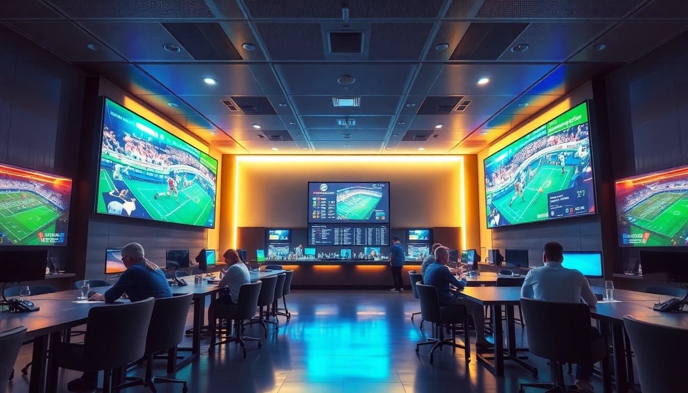 Entdecken Sie sportwetten ohne limit in einem modernen Wettbüro mit spannenden Sportereignissen und lebendigen Bildschirmen.