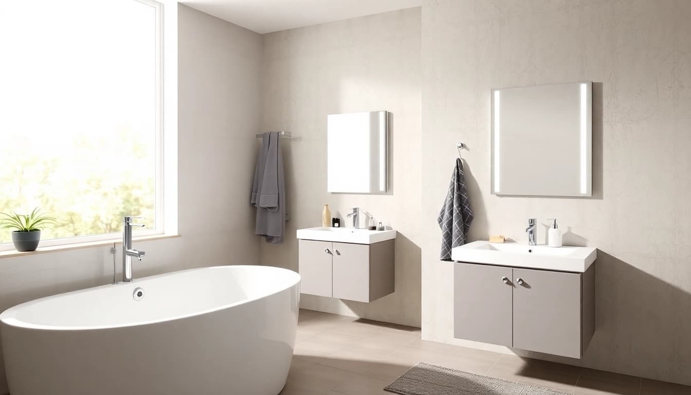 Luxuriöses Badezimmer mit Produkten von sonni sanitär GmbH, darunter moderne Duschkabine und elegante Badmöbel.