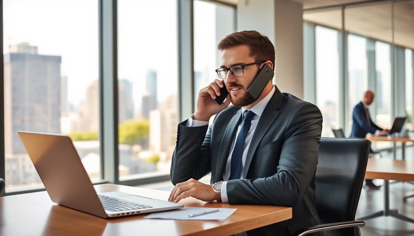 Headhunter bei der Arbeit am Schreibtisch, telefoniert professionell und engagiert.