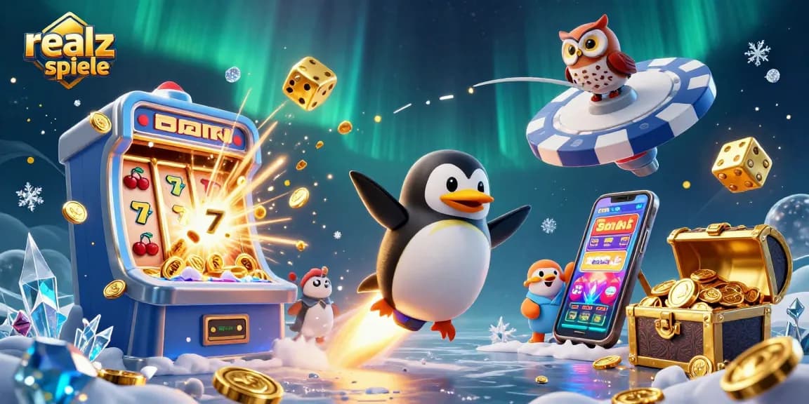 Realz Casino Spiele: Grafik mit Glücksspiel-Symbolen und einem goldenen Pinguin im Casino-Szenario