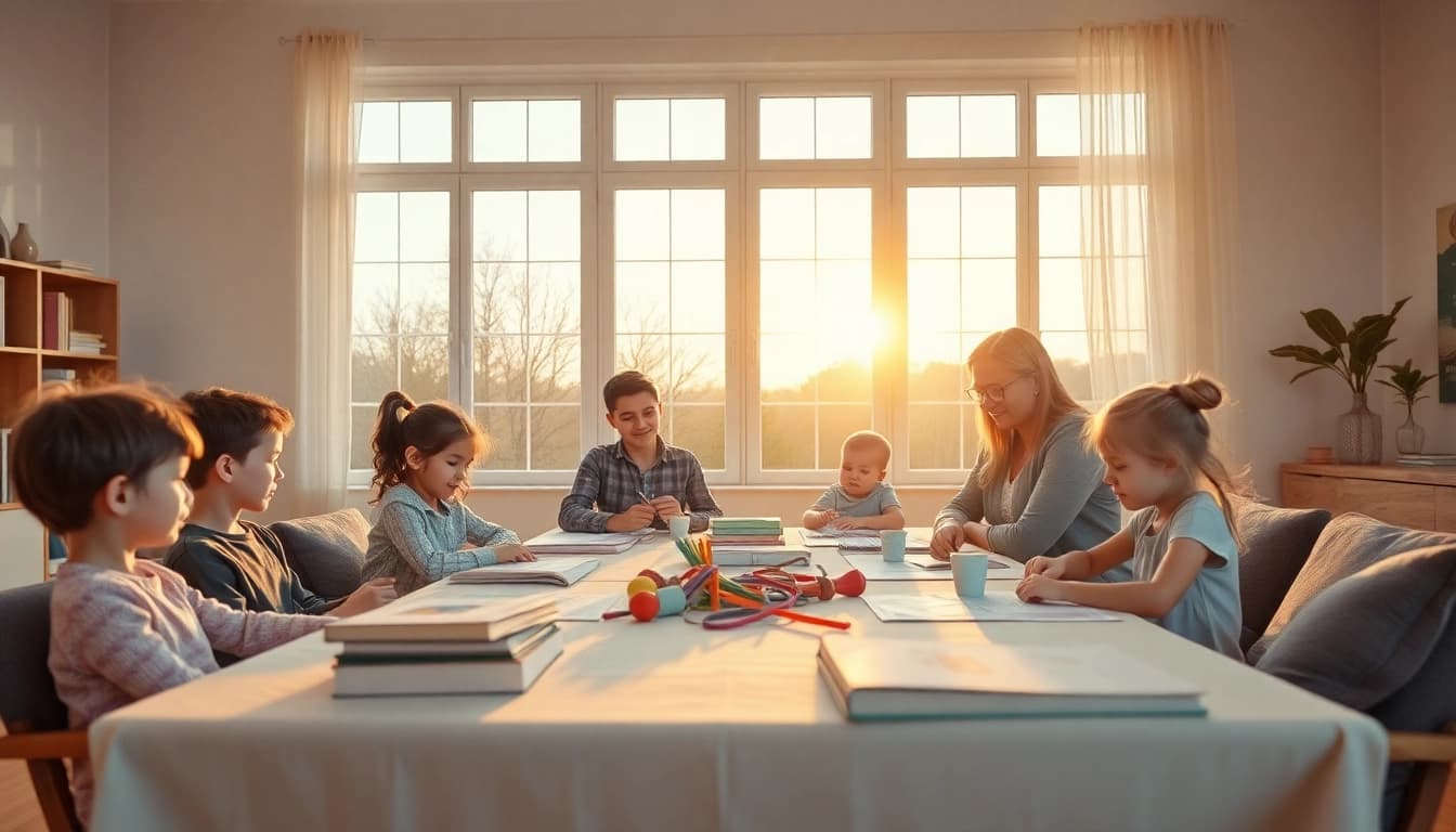 Familie beim Heimunterricht am Küchentisch, das Lernen gemeinsam genießen.