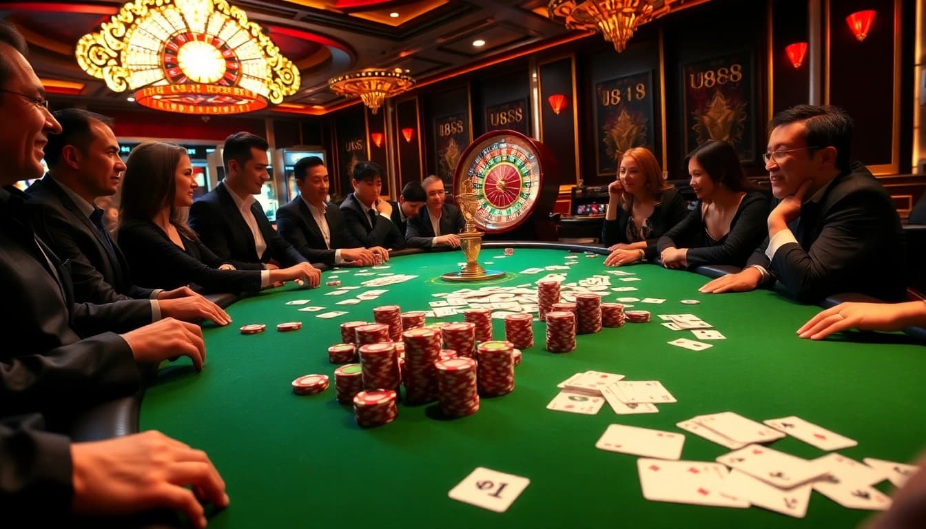 Experience the thrill of U888 with a vibrant casino scene showcasing poker chips and cards.
