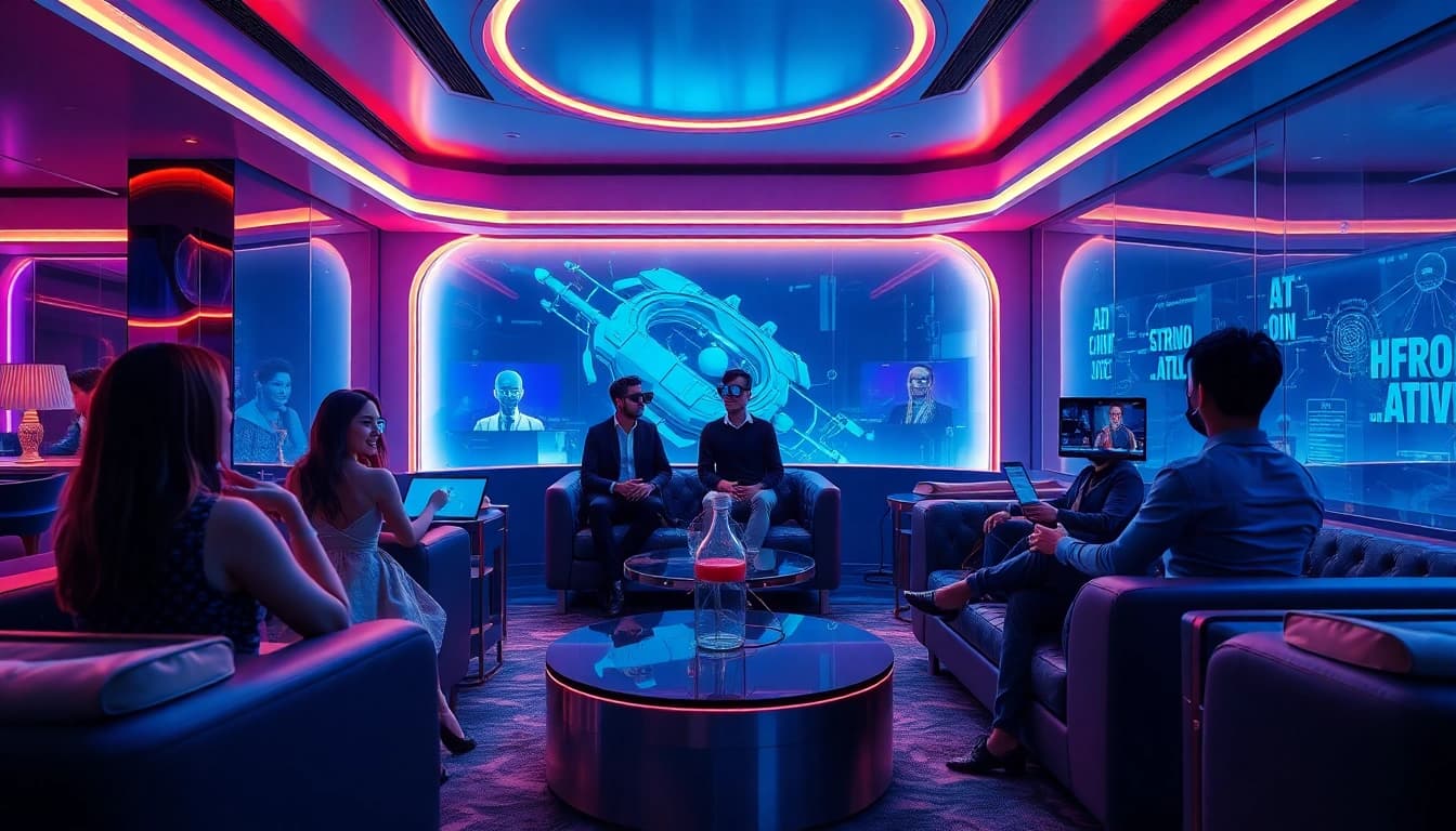 Futuristic AI lounge for 18+ users, showcasing modern tech and vibrant ambiance.