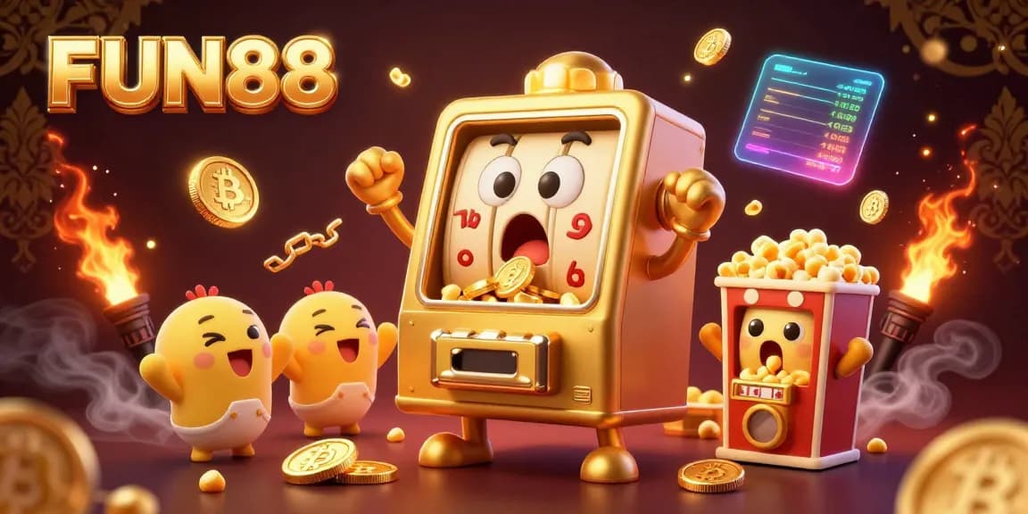 Celebrate FUN88’s wins with a dynamic scene featuring a jubilant slot machine surrounded by vibrant gaming elements.
