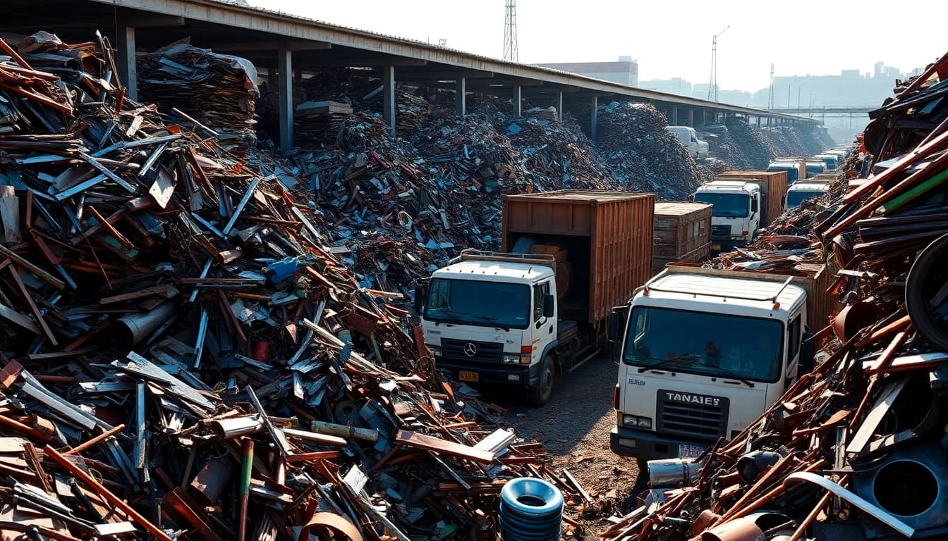 Experience fast Schrottabholung Remscheid as workers efficiently process and value various metals in a vibrant scrap yard.
