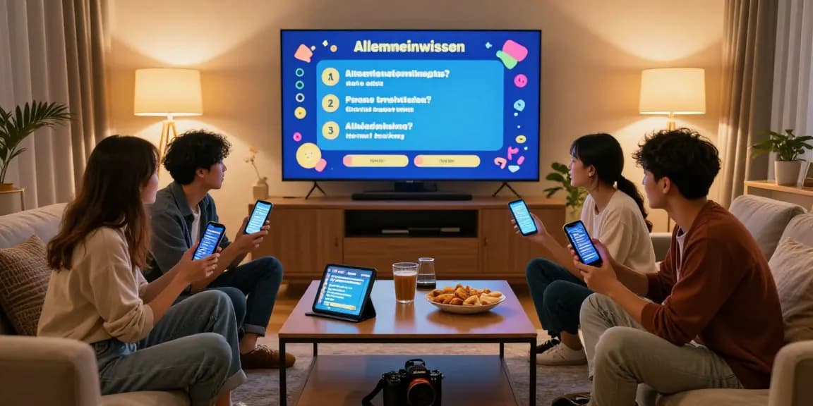 Quiz Allgemeinwissen Spaß mit Freunden in gemütlicher Wohnzimmerrunde