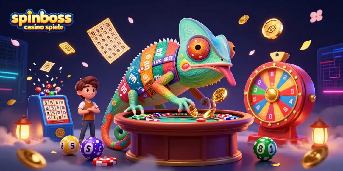 Spinboss Casino Spiele zeigt einen farbenfrohen Casino-Besitzer, der Goldmünzen einsammelt.