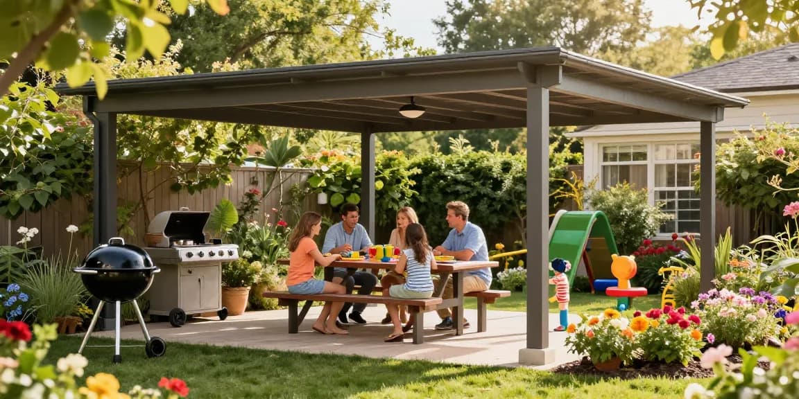 Familie unter einer freistehenden Terrassenüberdachung genießt das Essen im Garten.