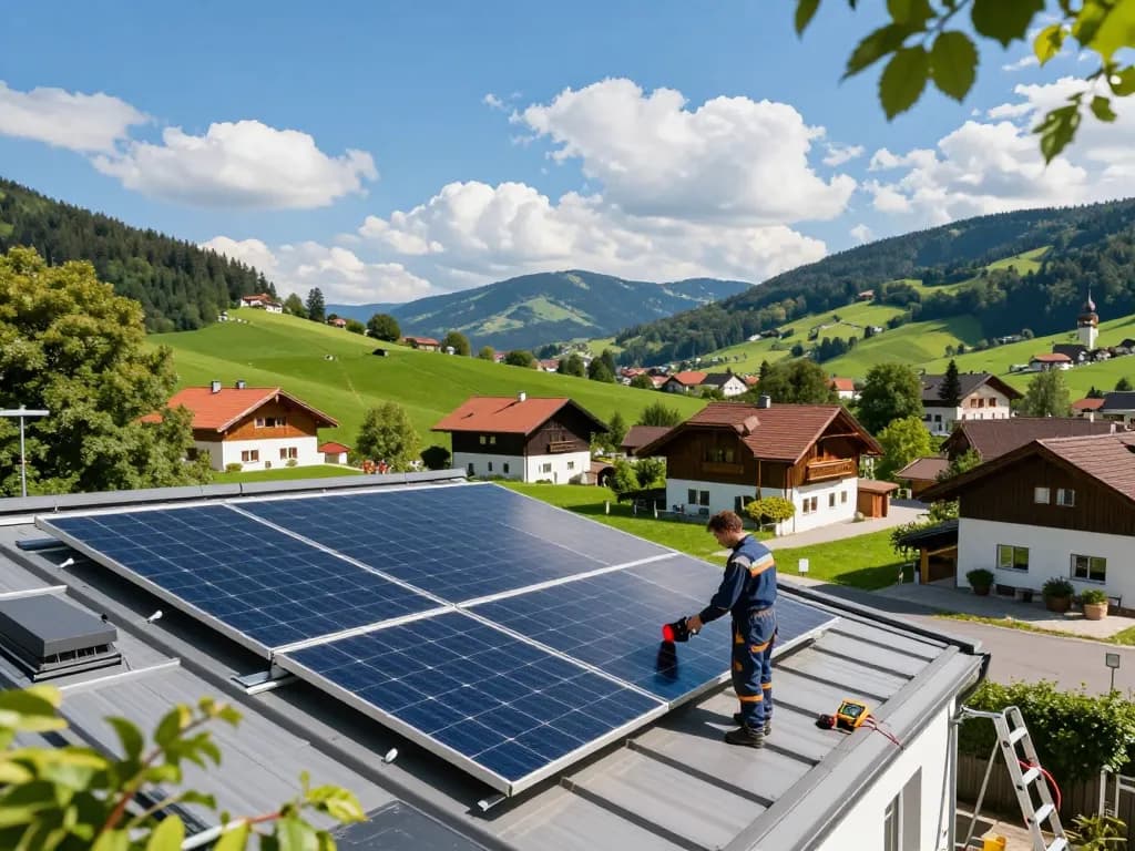Photovoltaik Bayern mit Solarmodulen auf einem bayerischen Dach unter einem hellen Himmel, der erneuerbare Energie zeigt.