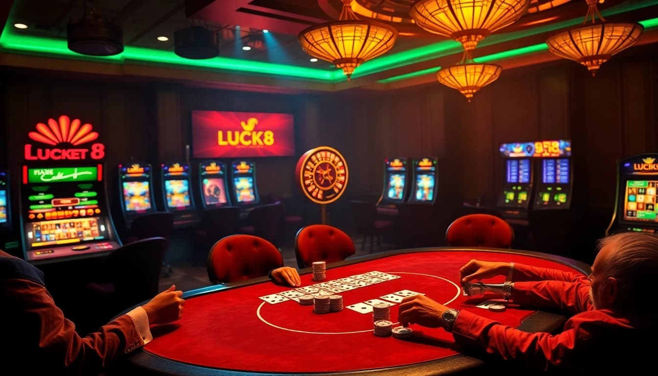 Trải nghiệm trò chơi hấp dẫn tại casino LUCK8 với bàn poker, bánh xe roulette và máy đánh bạc sôi động.