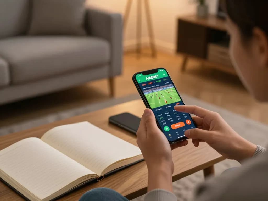 Placing bets on AI88BET app showcasing live game odds with strategic focus in a cozy home.