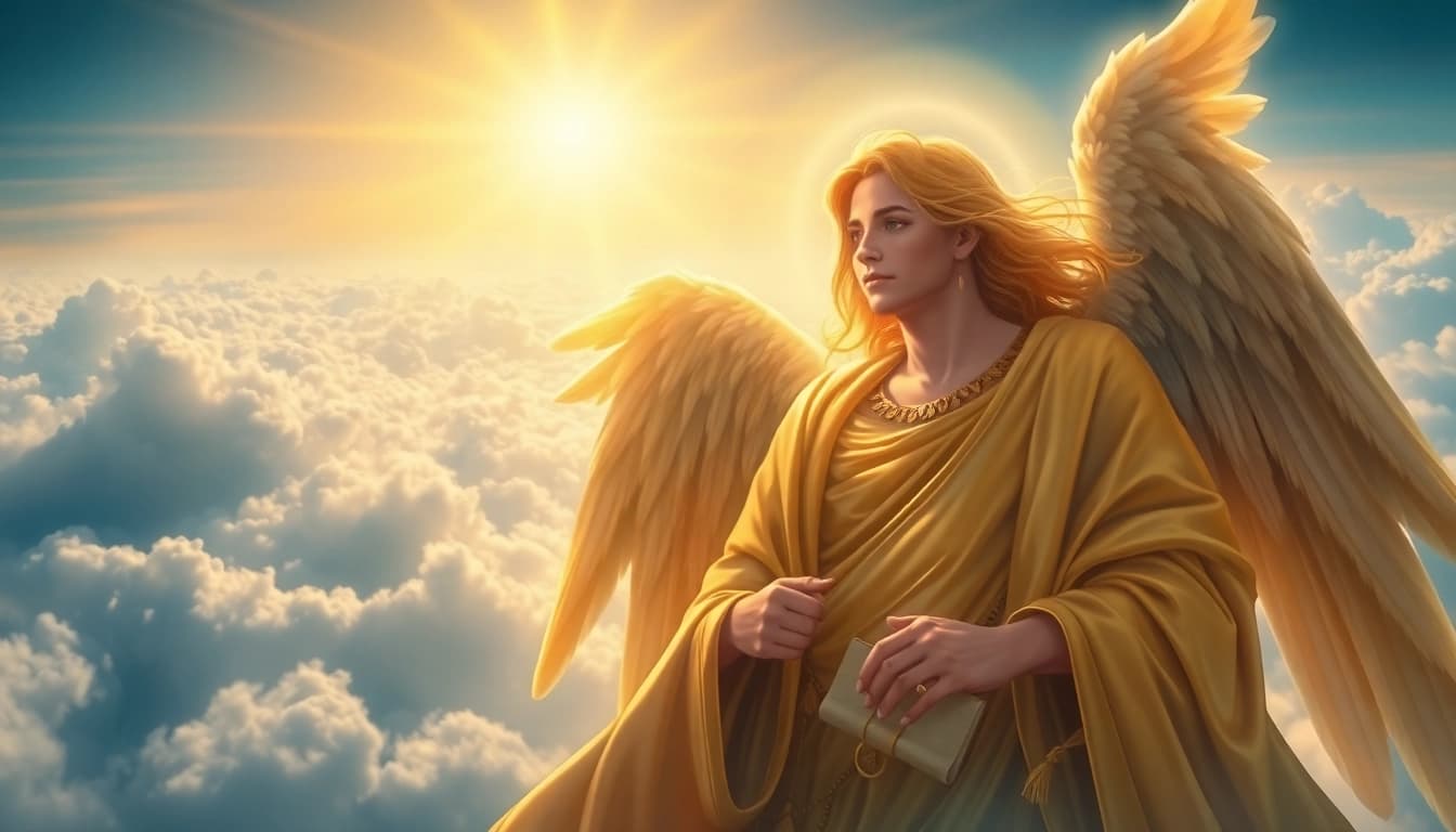 Erzengel Uriel, der Engel des Lichts, steht in einer himmlischen Landschaft und strahlt Weisheit aus.