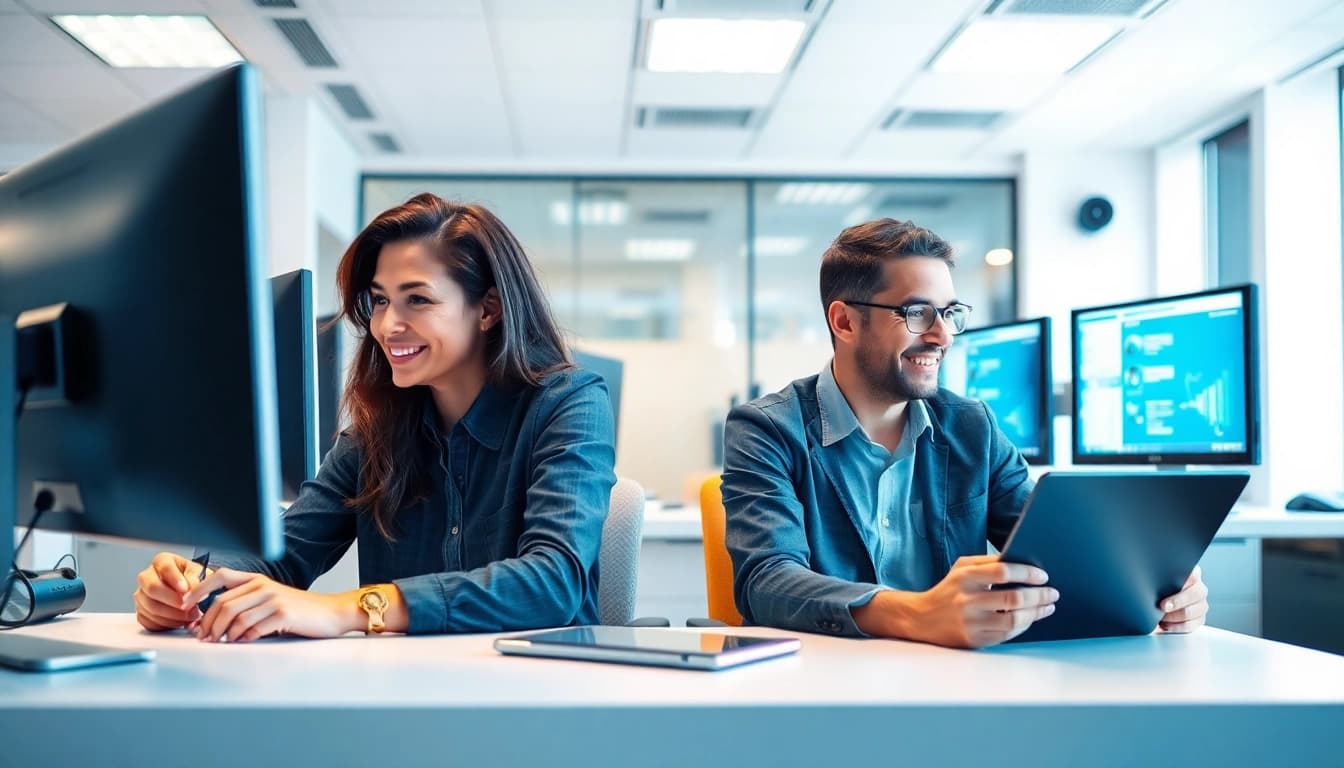 Löschdienst-Team analysiert Bewertungen in modernem Büro für effektive Lösungsansätze.