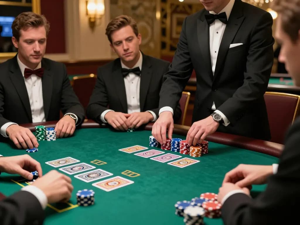 Players at blackjack table strategizing their bets with sc 88 dealer managing cards, vibrant casino atmosphere.