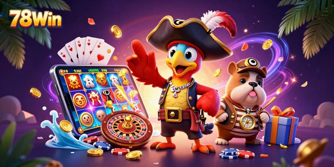 Play slot games at 78Win as a pirate captain directs winning strategies in a vibrant casino scene.