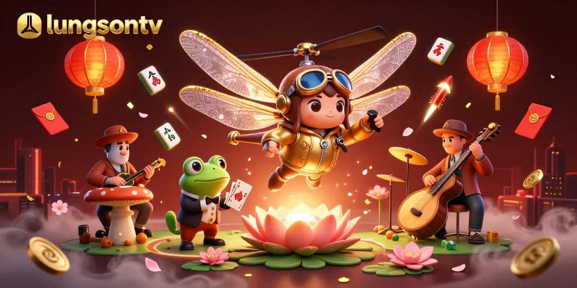Experience the vibrant energy of luongsontv with a dynamic illustration of a dragonfly pilot and frog croupier amidst casino elements.