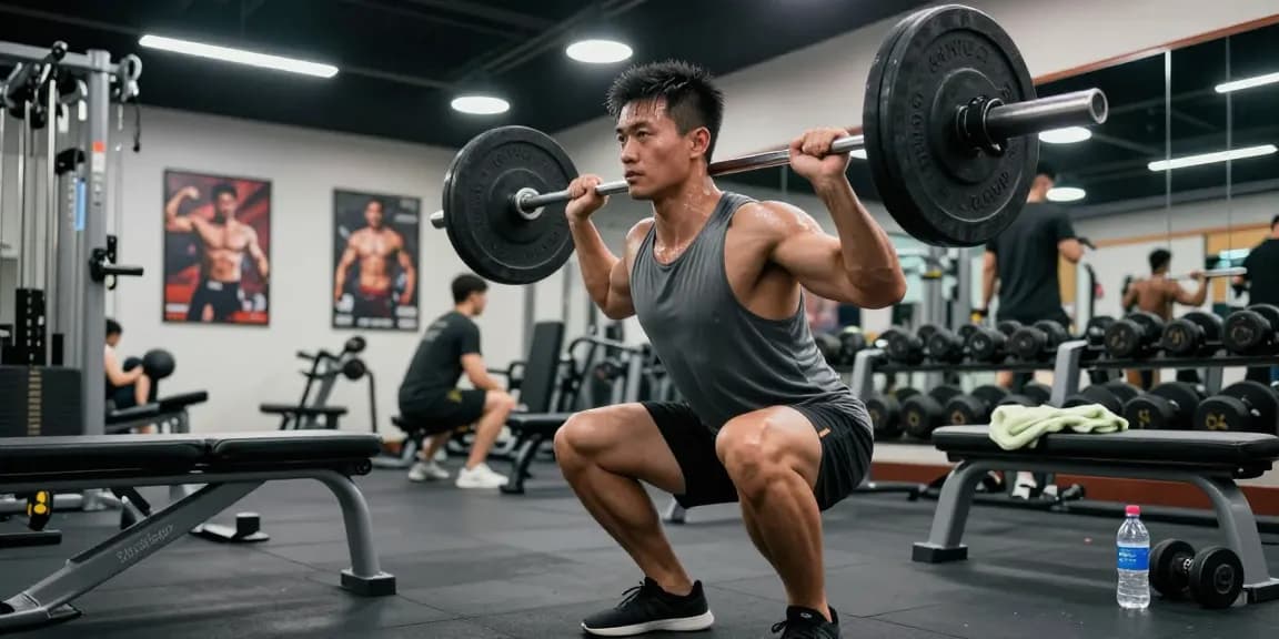 Kraftsportler im Steroidshop-Fitnessstudio, der Kniebeugen macht und Stärke sowie Hingabe demonstriert.