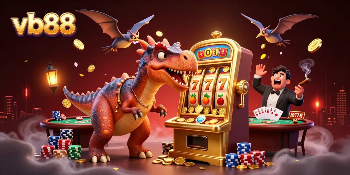 vb88 jackpot scene with dinosaurs interacting and scattered casino elements
