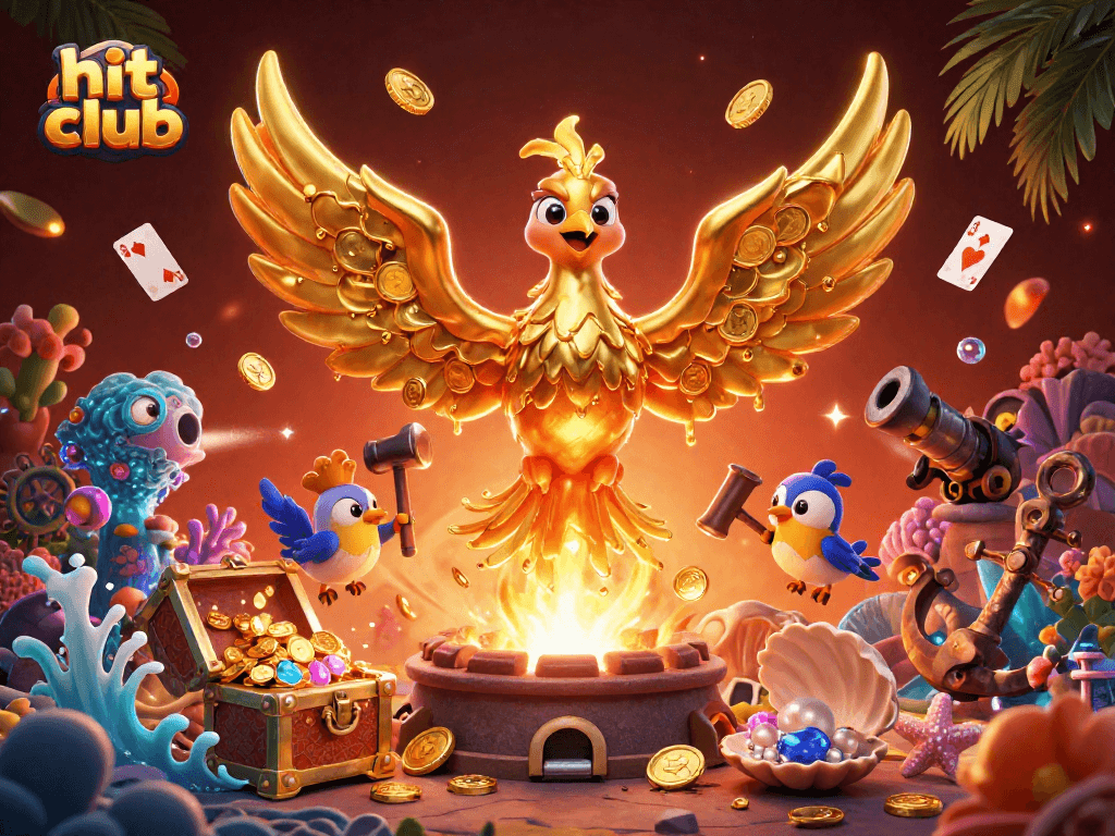 Experience the hit club magic as a molten golden phoenix soars amidst sparkling casino treasures.