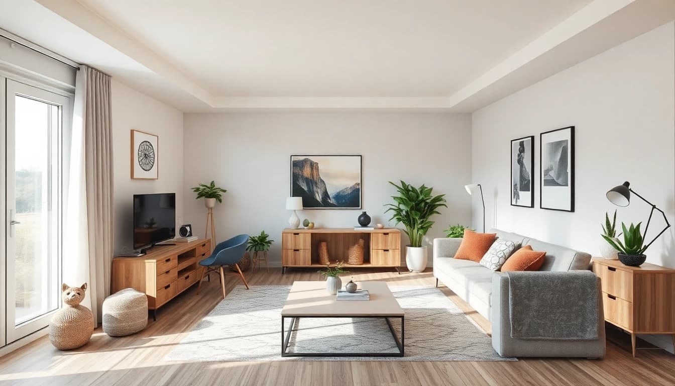 Inspiration für Raumgestaltung mit einem stilvollen Wohnbereich, der moderne Möbel und natürliches Licht nutzt.