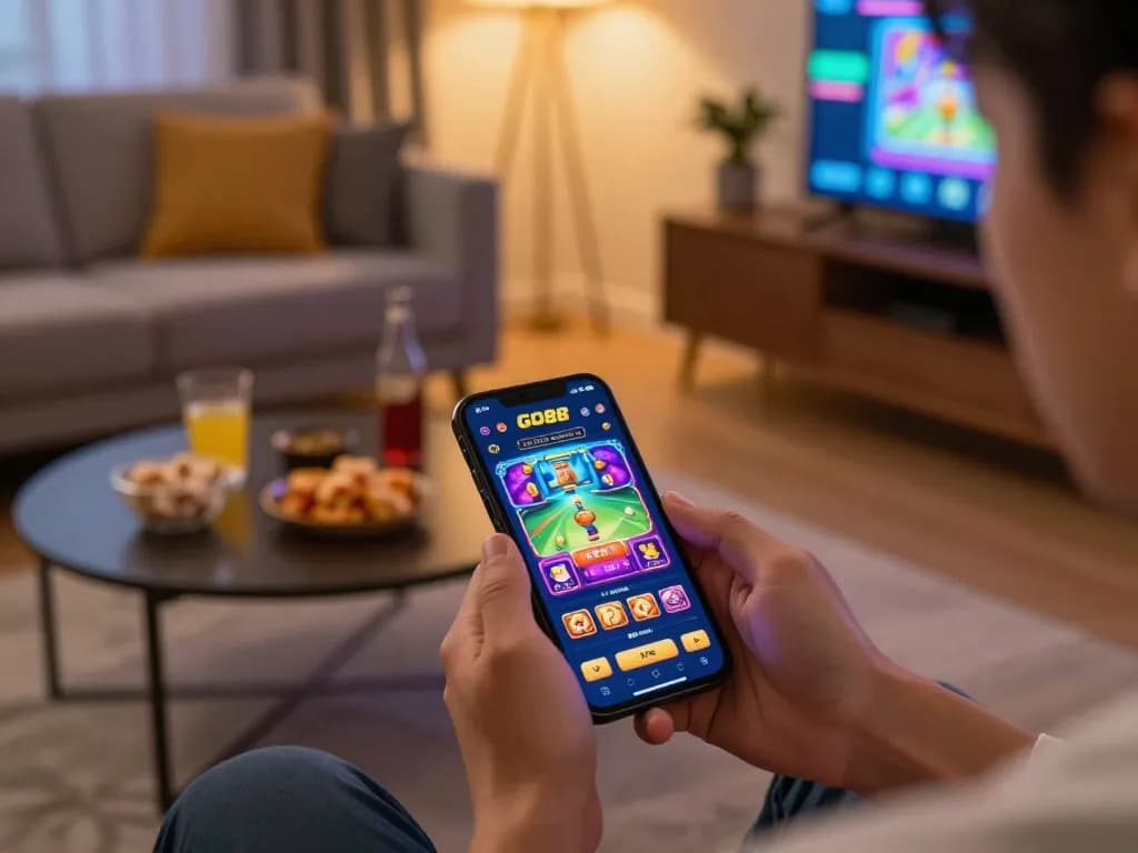 Engaged player exploring the GO88 app in a cozy home setting while enjoying snacks, emphasizing casual online gaming atmosphere