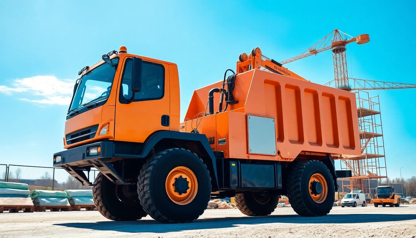 Baggerverleih Hannover - Ein moderner Bagger bei der Arbeit auf einer Baustelle in Hannover, umgeben von Baustellenmaterialien.