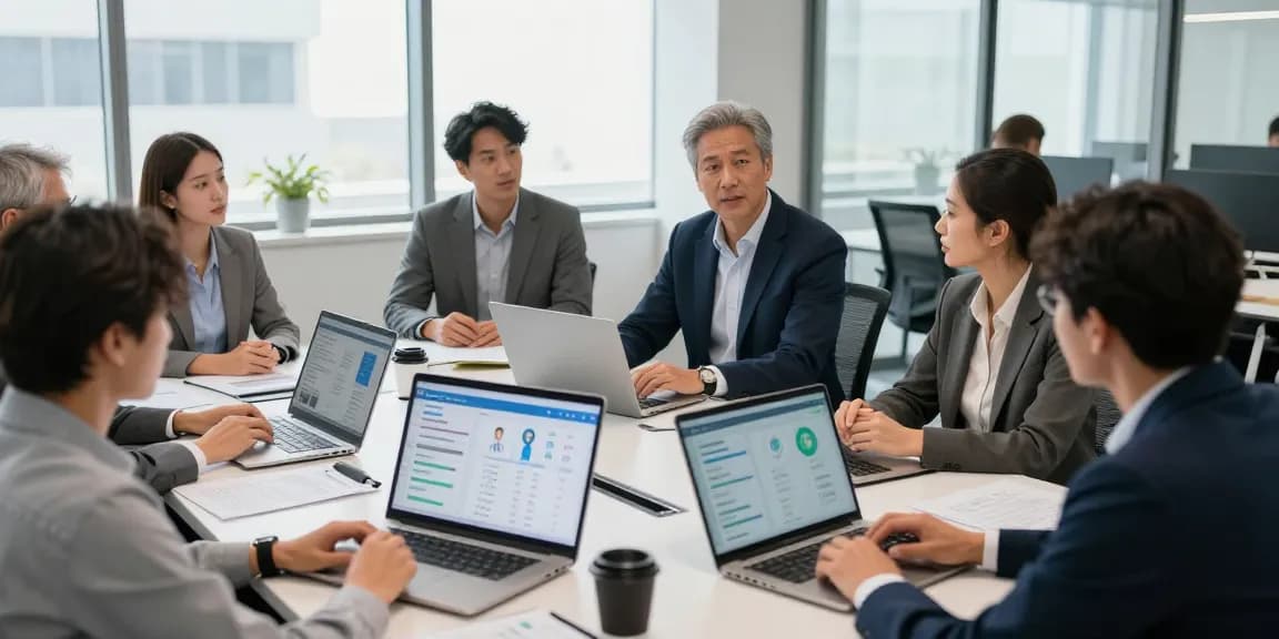 Führungsverhalten bewerten in einem modernen Büro, Kollege gibt Feedback in einem Teammeeting.
