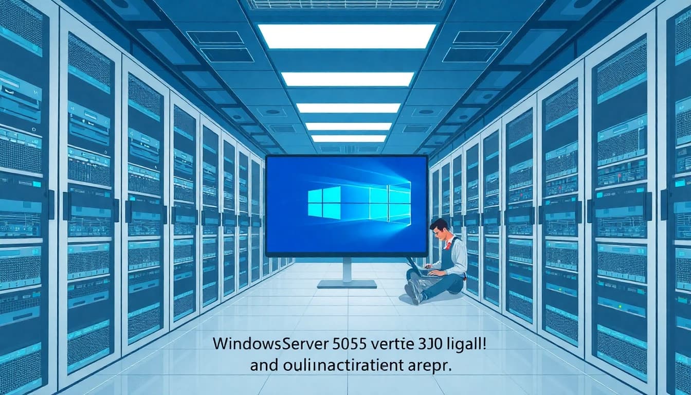 Serverraum mit Windows Server 2025 Standard legal und online aktivieren auf einem Bildschirm sowie einem Techniker.