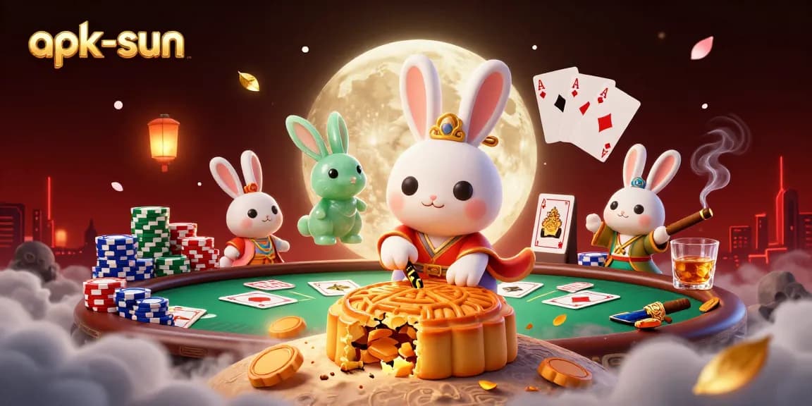 Engage in thrilling play at apk-sun with a 3D illustration of rabbits, poker chips, and casino elements.