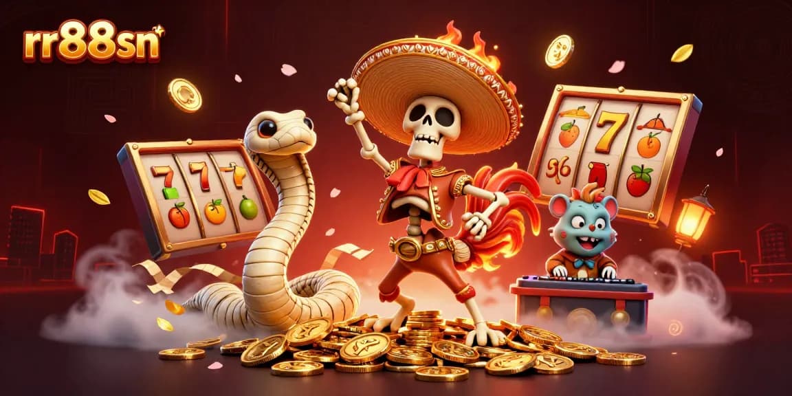 Win big at rr88sn with a vibrant 3D illustration of festive casino characters celebrating amidst slot reels.