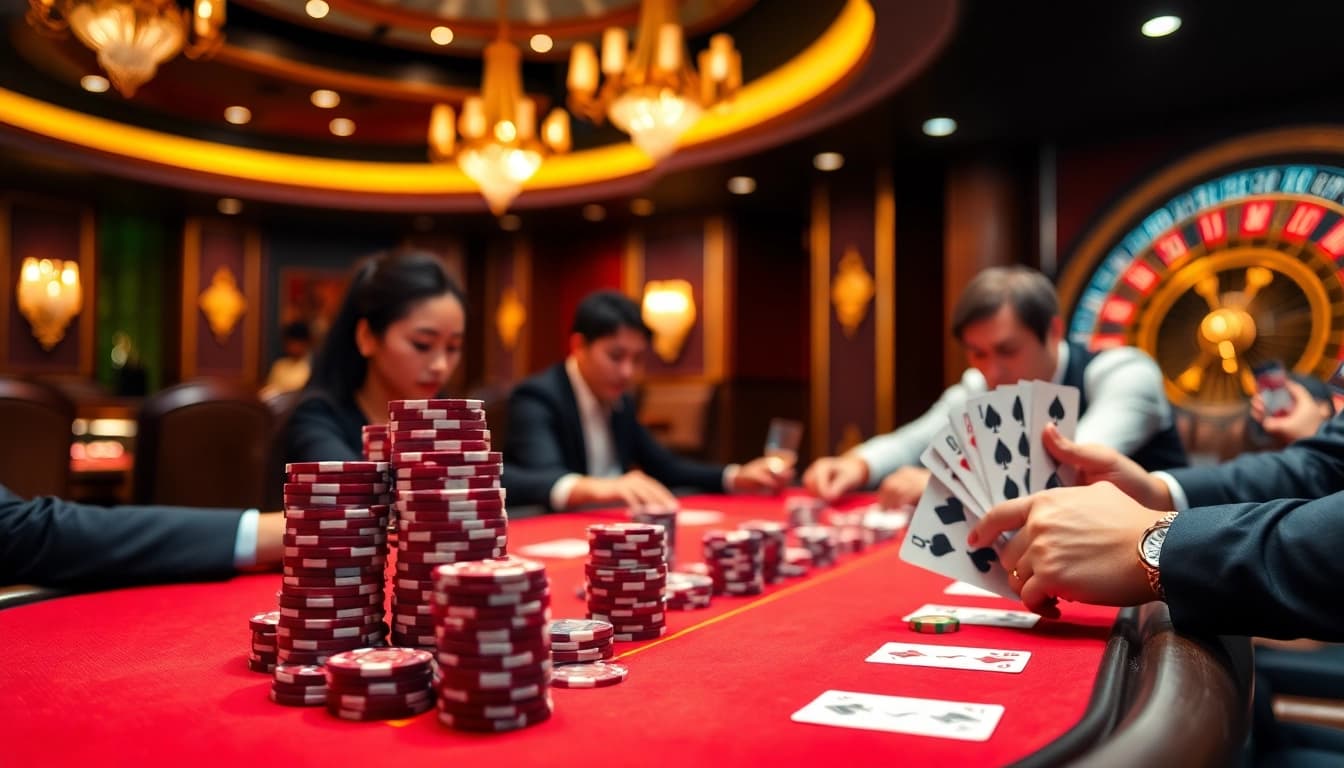 Strategic poker gameplay at the luxurious casino 888new.com with vibrant chips and cards.