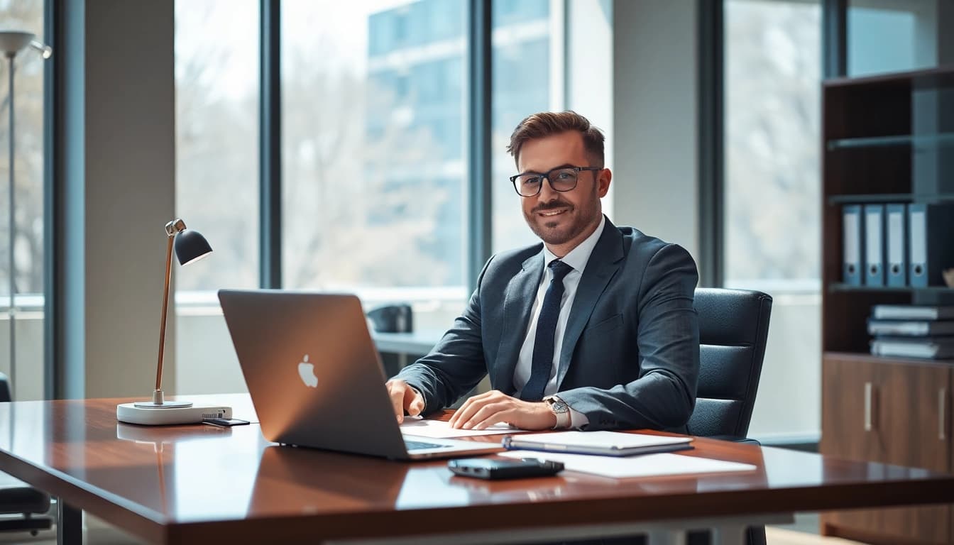 Headhunter Oberhausen bei der Arbeit in einem modernen Büro mit Laptop und Unterlagen.