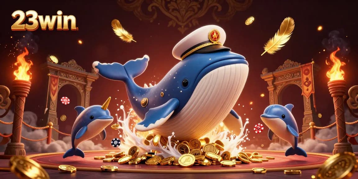 Experience the excitement of 23win with a vibrant 3D casino scene featuring playful characters and gold elements.