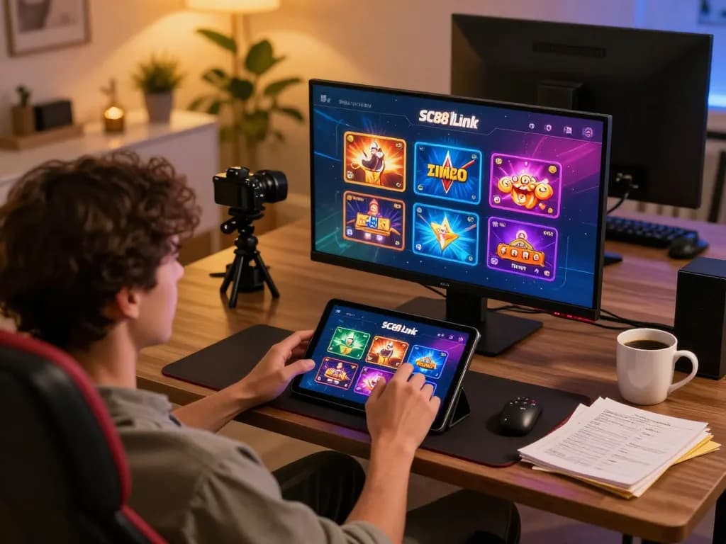 Engaging in SC88 Link online casino gaming from a cozy home setup with strategic notes.