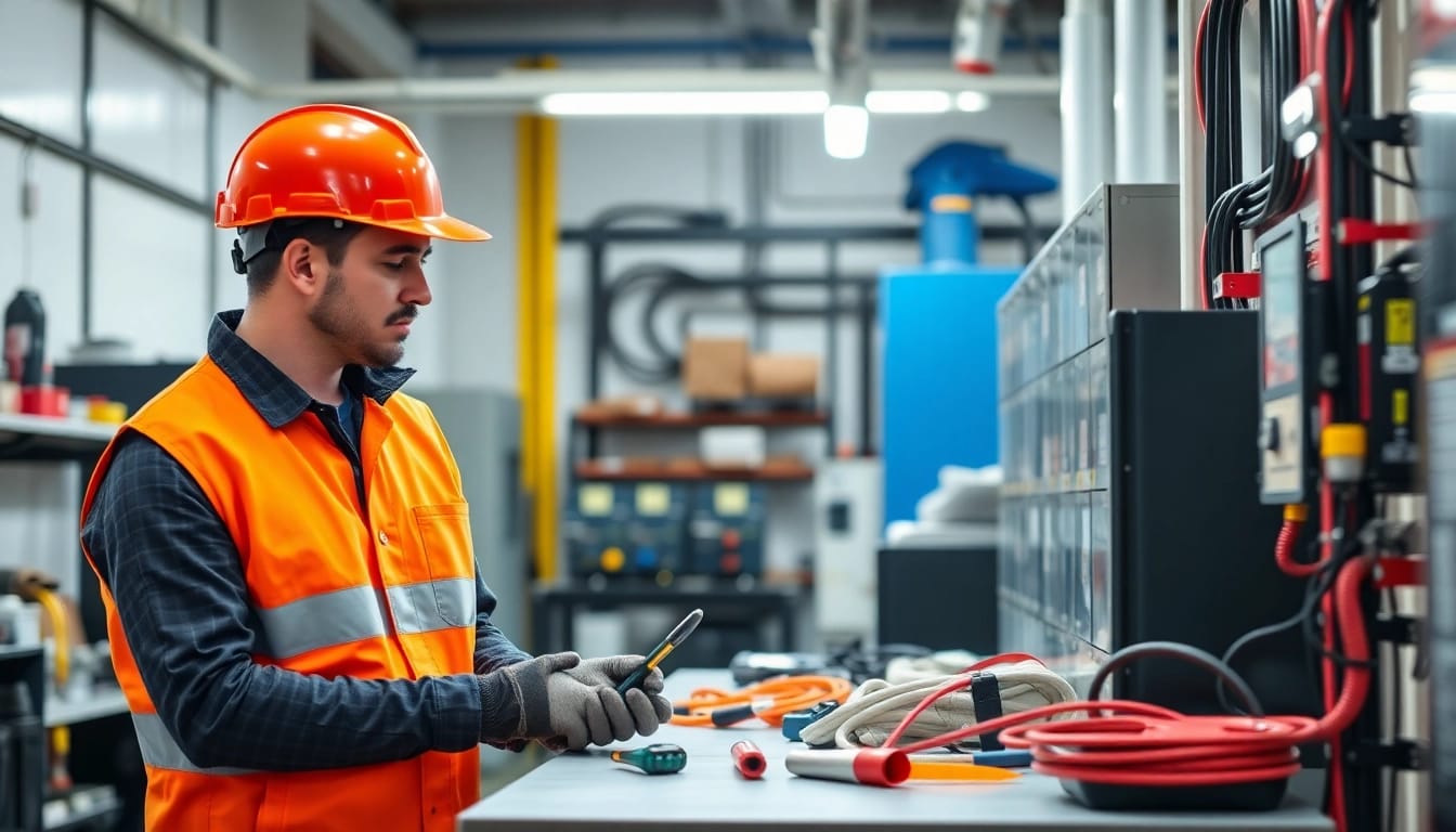 Technician performing a DGUV V3 Prüfung on electrical devices with safety equipment, ensuring compliance.
