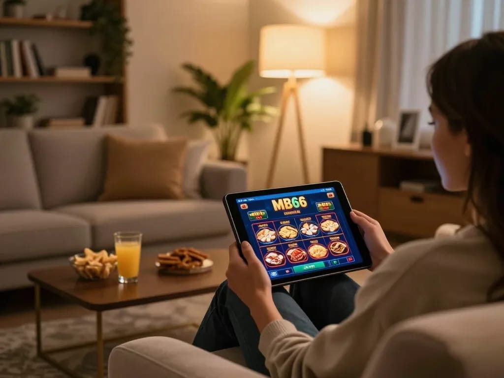 Engaging with MB66 casino app while relaxing at home with warm ambiance.