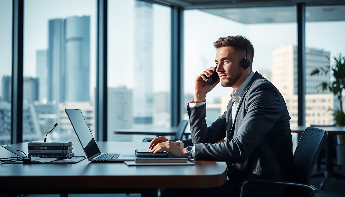 Headhunter Berlin bei einem geschäftlichen Telefonat in einem modernen Büro mit kreativem Ambiente.