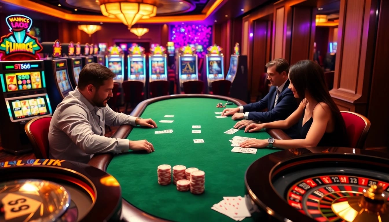 Experience the thrill of gambling with ST666 LINK at a vibrant poker table and casino environment.