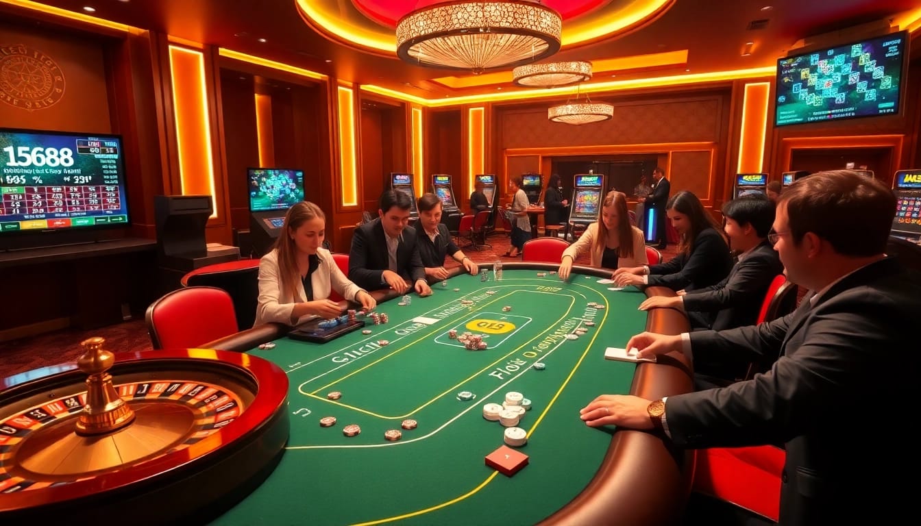 Players enjoying a thrilling GG88 gaming experience at a luxurious casino table.