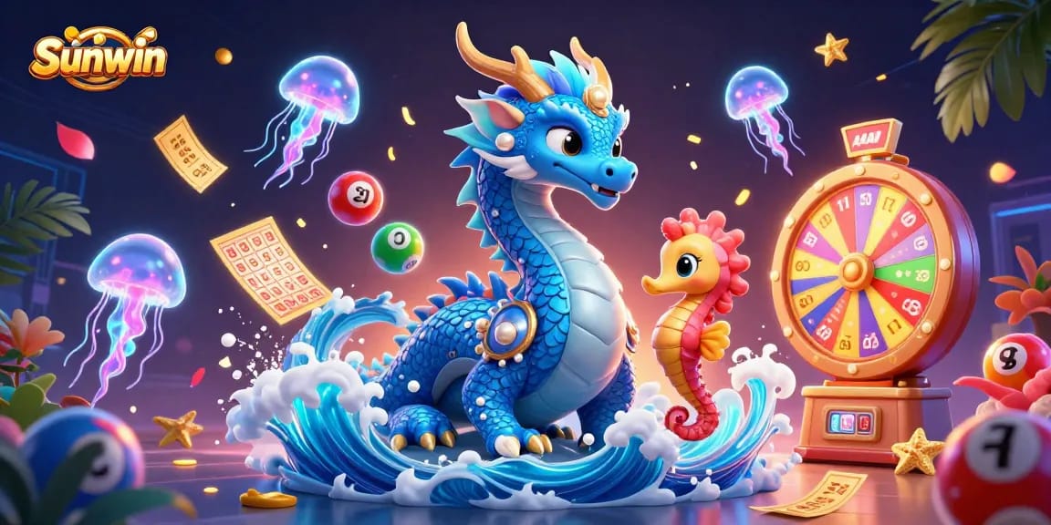 Experience thrilling games at Sunwin with glowing jellyfish, a majestic dragon, and vibrant lottery elements.