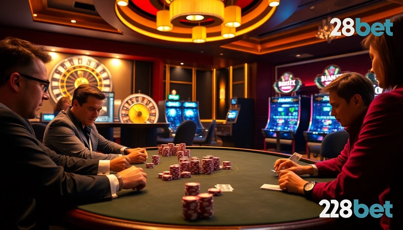 Experience high-stakes action at 28bet's luxurious poker tables in a vibrant casino atmosphere.