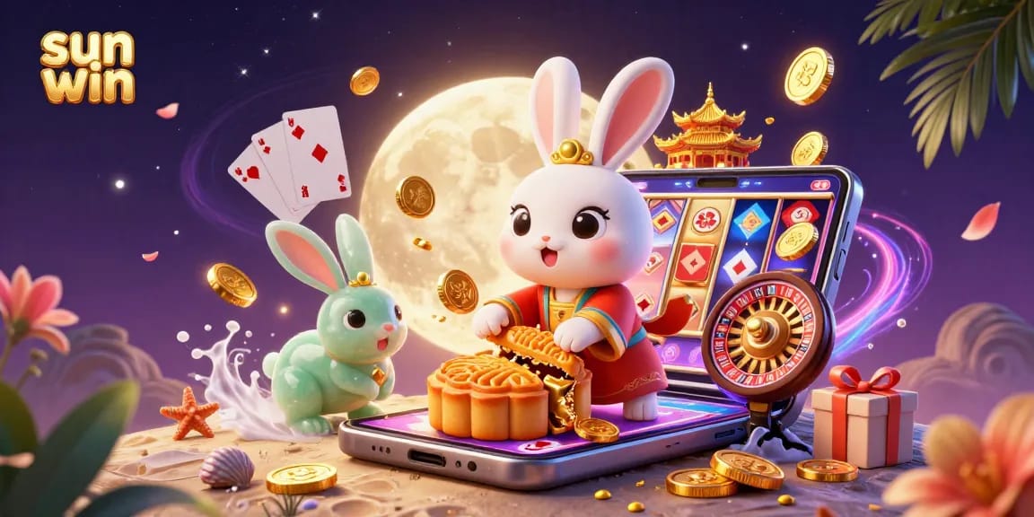 Experience exciting gameplay at sun win with the vibrant moon rabbit casino scene showcasing slot games and poker chips.