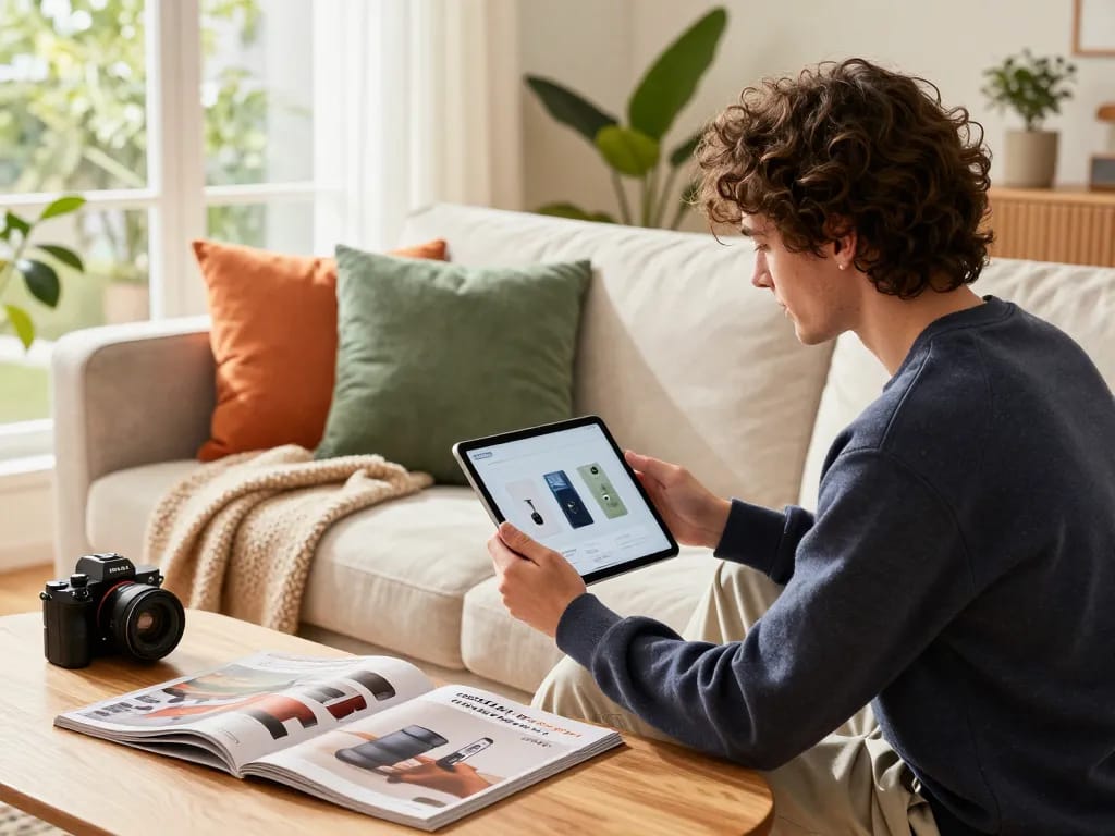 Sofort lieferbar Einkaufserlebnis in einem stilvollen Zuhause, das trendige Produkte auf einem Tablet präsentiert.