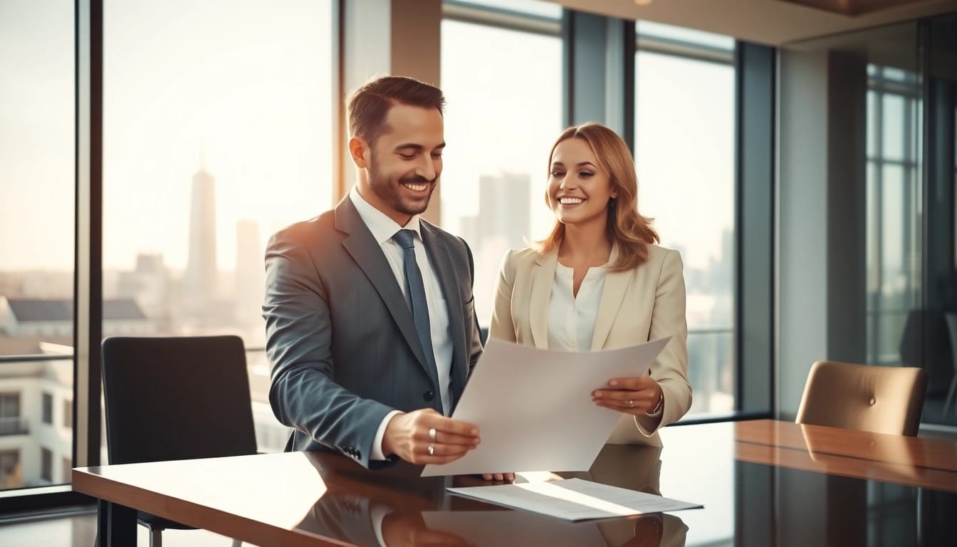 Ein Headhunter Geschäftsführer berät in einem modernen Büro. Die Szene zeigt einen professionellen Austausch über wichtige geschäftliche Dokumente.